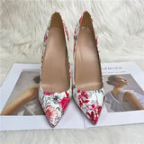 Red Flowers Print Women PU Leather Pointed Toe Stiletto Pumps 10cm 12cm High Heel Party Shoes US Size 10 11 QP147