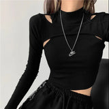 Knitted Crop Tops Women New Fitness Fake Two-piece T-shirt Female Black White Long Sleeve