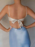 Women Slim Long Dress Adjustable Strap Back Tie-up High Waist Low Cut Contrast Color Dress Wedding Party Club