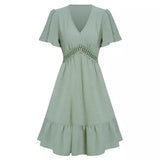 Leisure Spring And Summer New Women's Fresh V Collar Pure Color Lotus Leaf Sleeve Dress