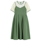 Dress Shirt Round Neck Straps Two Piece Set Short Sleeve Casual Fashion High Waist Baggy Vintage Long Skirt Ladies