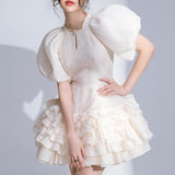 New Summer High Quality Beading Chiffon Women Dress Runway Designer Lantern Sleeve Slim Ruffles Ball Gown Party