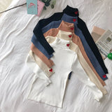 Knitted Women Sweater Ribbed Pullovers Heart Embroidery Turtleneck Autumn Winter Basic Women Sweaters Fit Soft Warm