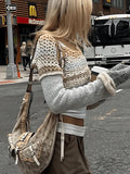Super Crop Long Sleeve Striped Crochet Knit Top- Outfit