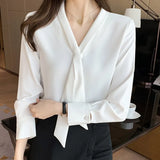 OL Style Bow Neck Blouse Tops Spring Blouse Women's White Chiffon Shirt Office V-neck Shirt Long Sleeve Shirt Plus