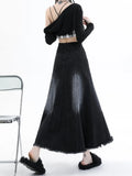 Zingj Denim Skirt Female Spring Autumn 2024 New Mid-Long Elastic High Waist Hanging Feeling Hair Edge A-Word