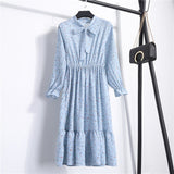 Women Casual Summer Dress Lady Korean Style Vintage Floral Printed Chiffon Shirt Dress Long Sleeve Bow Midi Summer Dress