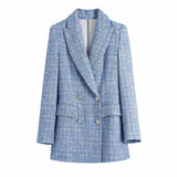 Fashion Tweed Double Breasted Blazer 2021 New Long Casual Coat Jacket Oversize Streetwear Vintage Office Lady