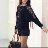Autumn Round Neck Lace Hollow Out Loose Casual T-shirt Ladies Batwing Long Sleeve All-match Pullover Top Women's