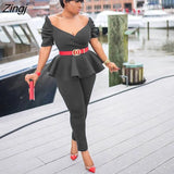 Top+Skinny Pants Air Layer Fabric Casual Suits Elegant Fashion 2 Piece Set Office Lady Casual Women Outfits Pants