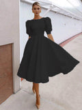Spring and Summer Solid Color Slim Women's Dress Fashion Sexy Big Swing Short Sleeve Skirt Back Hollow Short Sleeve