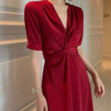 2022 Summer Women Satin Dress Short Sleeve Vintage Elegant Lady Office Red Blue Yellow Sexy Silk Party Midi