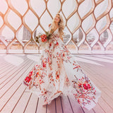 Queens Women Deep V-neck Floral Print Floor Dress Ladies Beach Summer Big Hem Bohemian Maxi Dresses