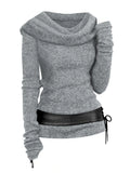 Cowl Front Lace Up Belted Sweater Spring Tops Tee For Women Solid Black Green Light Gray 211-1-Outfit