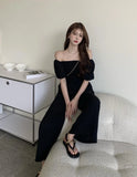 Summer Women Casual Sexy Off Shoulder Black Jumpsuit Trousers Overalls Ladies High Waist Wide Leg Playsuit