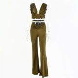 Slim Backless Two Piece Set Women Solid Sleeveless Top Long Pants Ladies Winter Slim Hollow Out Women Streetwear