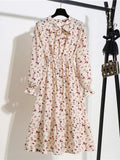 Floral Print Women Dress Female Autumn Long Sleeve Vintage Chiffon Bow Tie Neck Office Lady Shirt Dress Summer