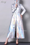 Spring Autumn Long Luxury Shiny Reflective Holographic Patent Pu Leather Trench Coat for Women European Fashion
