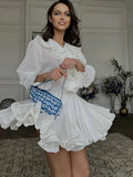 Summer White Ruffles High Waist Mini Skirt Women Casual Pleated Fluffy A-line Skirts Elegant Fashion Lady Party