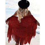 Beach Cover Up Summer Camel Suede Floral Hollow Out Fringed Bikini Cover-ups Vintage Women Beachwear Kimono Cardigan