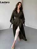Autumn Long Flowy Dark Green Trench Coat for Women Belt Single Breasted Luxury Designer Women Clothing 2023 New