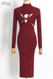 Turtleneck Pleated Hollow Out Bodycon Dress Elegant Long Sleeve Cross Knot Knitted Midi Dress Party Club Evening