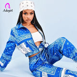 Bandana Print Two 2 Piece Set Women Fitness Sweatsuit Zipper Up Sweatshirt + Jogger Pants Set Tracksuit Vintage