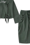 Knot Pencil Long Skirt Women High Waist Pleated Split Skirt Sets Streetwear Summer Skirts Woman 2023 Elegant Midi