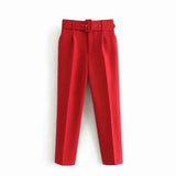 Solid Women Suit Pants Office Lady Empire Waist Belt Trousers Elagant Sashes Casual Chic