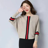 autumn new vertical stripe contrast loose pullover sweater women short bat sleeve