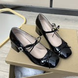 Wind Square Shallow Bow Bow Small Leather Shoes Women's Net Red Explosive Fashion Temperament Trend Coarse Heel Increase Single