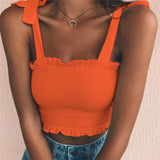 Autumn Tube 2020 New Crop top Women Bow Tie Strap Ruched tank Top Lettuce Edge Elastic Camis 17