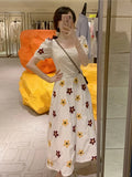 Vintage Embroidery Sun Floral Midi Dress Women Elegant Puff Sleeve O Neck Clothes