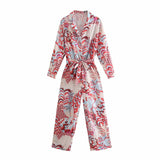 Fashion Totem Print Bow Sashes Casual Jumpsuits Chic Long Sleeve Ankle Length Conjion Romoers Loose Wide Leg For