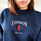London Telephone Booth Embroidered Fleece Pullover- Outfit