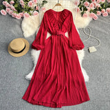 Zingj And Summer New Light Mature Temperament French Socialite Long Sleeve Waist Show Thin Dress Female Waist Pleated V Neck