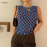 Tank Tops 2021 Plaid Printed Y2K Knitted Summer Harajuku Vintage Crop Tee Streetwear Aesthetic Cute Shirts