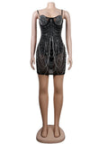 Sexy Chic Rhinestone Crystal Mesh Tassel Details Mini Dress New Womens Strap Skinny Birthday Clubwear Bodycon