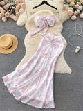 Vacation Beach Style Two Pieces Suits Strapless Halter Chain Mini Tank+Bodycon Fishtail Skirt Fashion Floral Sexy