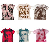 Vintage Crop Top Y2K Aesthetic Face Portrait Graphic T-shirt Harajuku Tie Dye Women Summer Sweats Tee Gothic
