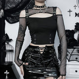 Summer New Women's Wear Dark Style Fashion Hot Girl Sexy Practice Punk Shoulder Long-Sleeved Top