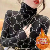 New Harajuku Elegant Fashion Long Sleeved T-shirts Thicken Warm Plus Velvet Turtleneck Soft Tops Women Printed Tees