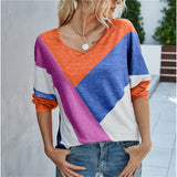V-Neck Long Sleeve Loose Patchwork Print T-Shirt Spring Autumn Casual Fashion Top 2022 Women Comfortable Pullovers