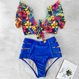 Ruffled Hem Bikini Set Women Flora V-Neck High-Waisted Two Piece Swimsuit 2021 Girl Beach Bathing Suit Swimwear