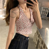 Women Sweet Chic Floral V-neck Sexy Leisure Fashion Skinny Crop Tops Girls Halterneck Backless Harajuku Hot Ins