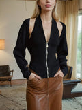 Fashion Personality Two Sets 2025 New Long Sleeves And Shoulders + V Collar Hanging Neck Top Solid Color Knitting Suit