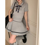 Girl College Style Suit Women's Autumn Knitted Pleated Dress Turn-down Collar Bow Top Two-piece Set Fashion Female