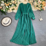 2021 New Autumn Elegant Solid Jumpsuits Women Office Lady Long Sleeve With Belt O Neck Pleated Wide Leg