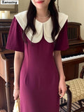 Women Fashion Midi Dresses Chic Korean Sweet Lace Up Clothes Lady Robe