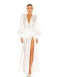 Evening Dress Women 2022 New Autumn Sexy Open Fork Lantern Sleeves Thin Famous French-Style Fasting Long